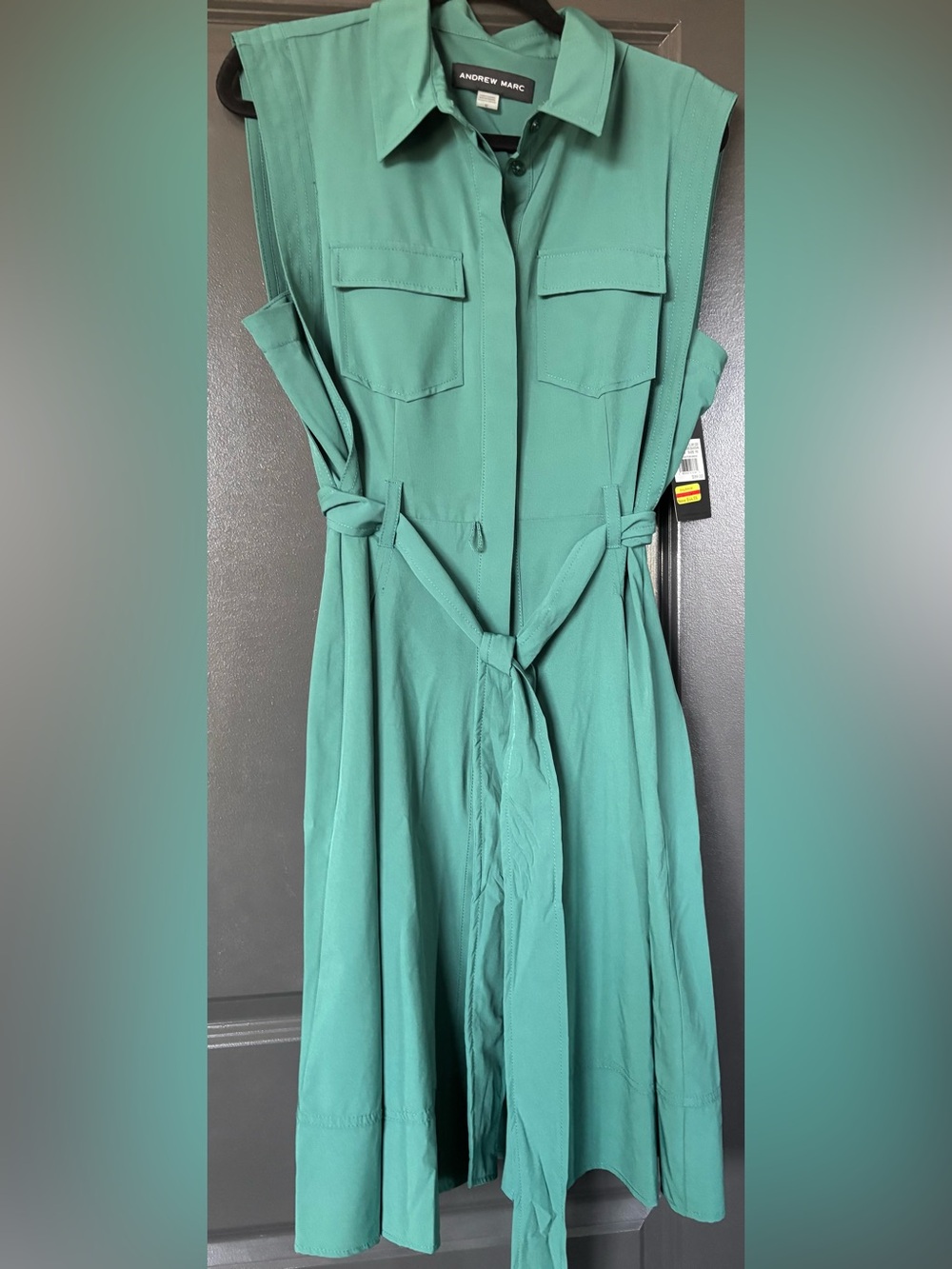 Andrew Marc Sleeveless Teal-Green Midi Shirt Dress with Tie Waist